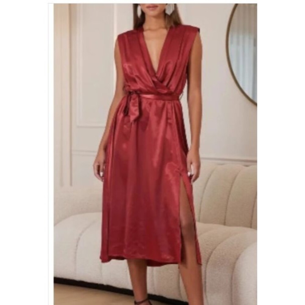 NWT Bishop + Young Aeries Satin Wrap Midi Dress Red Dahlia Tie V-Neck Womens S